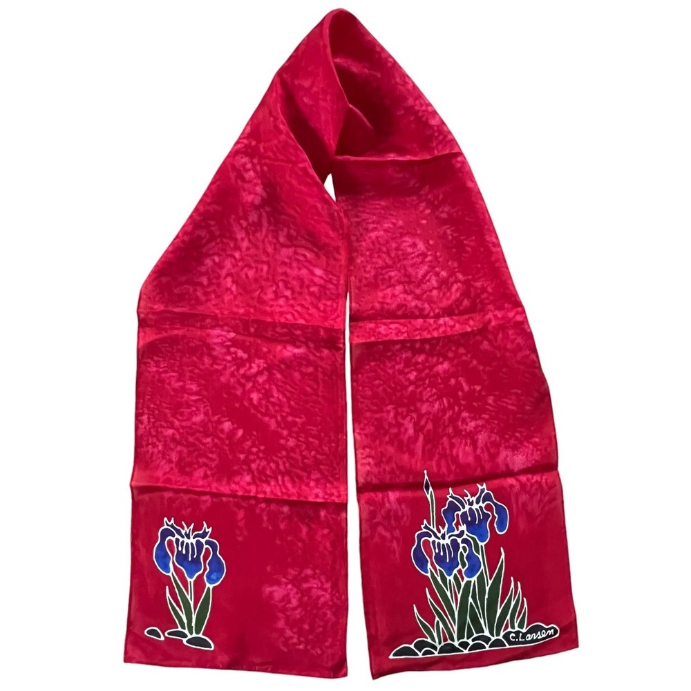 Silk Scarf  Hand Painted Iris C. Larsen Red Pink Raspberry Rectangle 8 x 52"